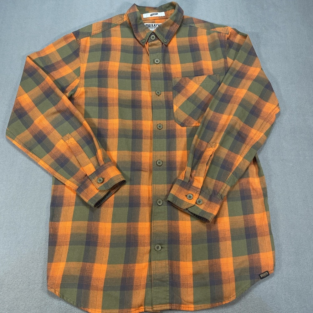 Duluth Men's Medium 40Grit Button Down Long Sleeve Orange Green Plaid